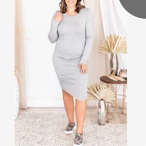 Gray Long Sleeve Ruched Dress